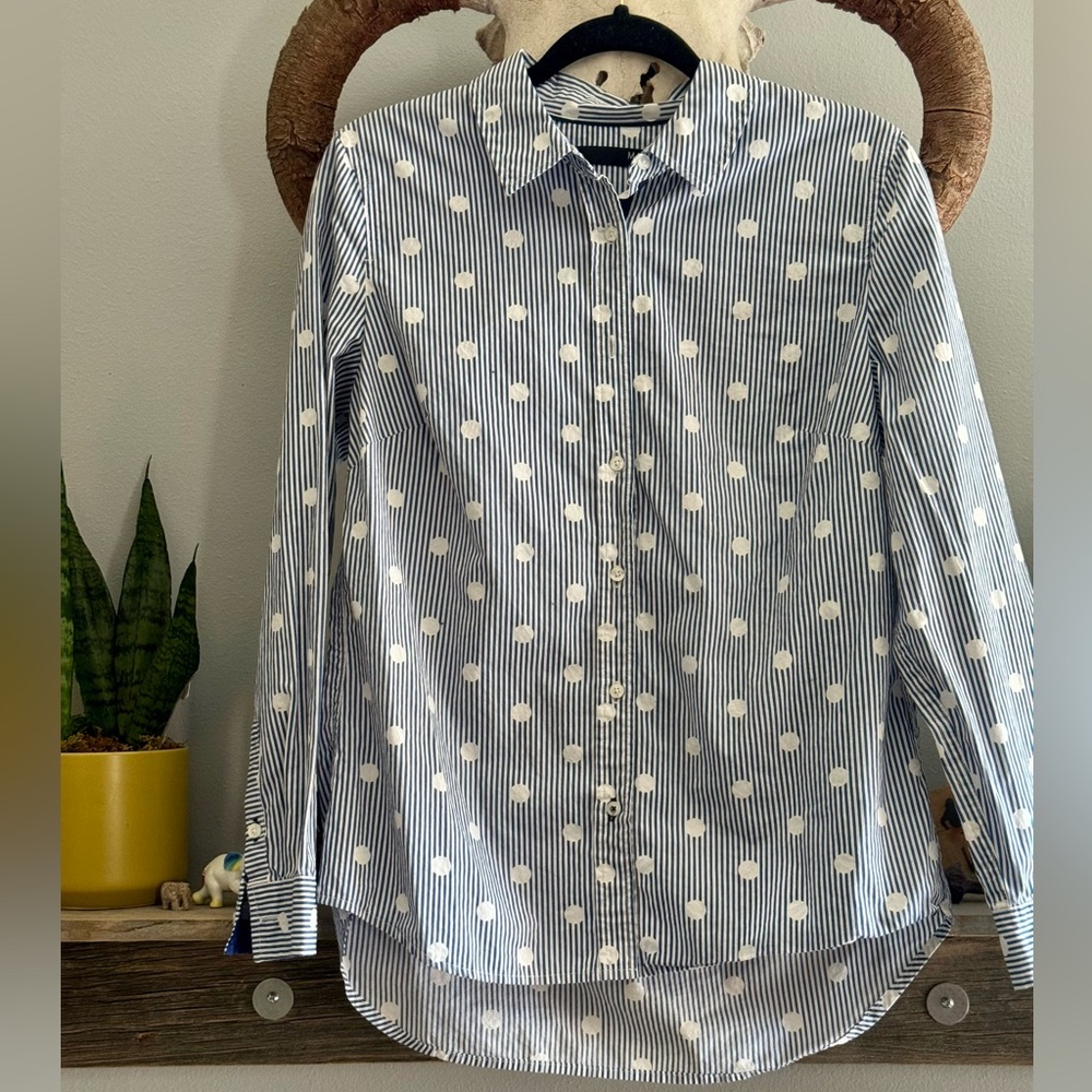 Blue and White Polka Dot Button-Up Shirt